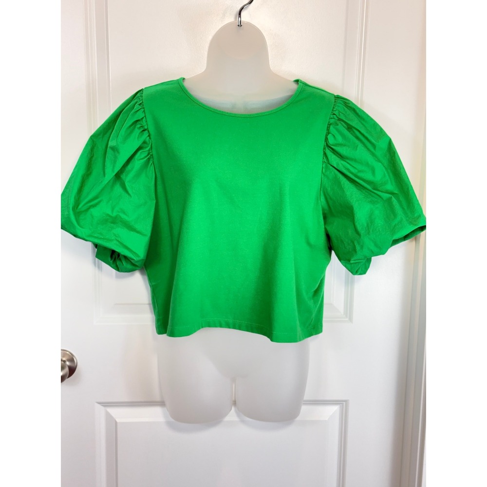 A New Day Green Puff Sleeve Crew Neck T Shirt Top Women's X Large XL Trendy Crop
